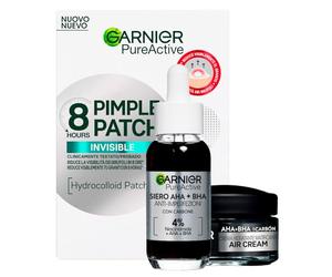 Garnier PureActive Pimple Patch 8 Ore Invisibile sulla Pelle 22 Cerotti + Crema Viso Idratante Matificante AHA BHA con Carbone da 50ml + Siero Anti Imperfezioni Trattamento Brufoli Punti Neri da 30ml