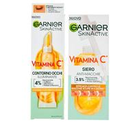 Garnier Siero Viso Anti-Macchie Vitamina C+ con Niacinamide Acido Salicilico Melasyl 30ml + Crema Contorno Occhi Illuminante Anti Occhiaie Formula Vegana con Caffeina e Polvere di Banana 15ml