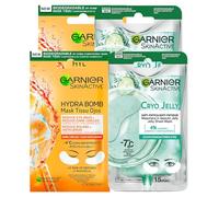 Garnier SkinActive Hydra Bomb Maschera Occhi contro Occhiaie con Succo d'Arancia e Acido Ialuronico 4 Patch + Cryo Jelly Maschera Occhi Anti-Fatica Effetto Ghiaccio con Glicerina e Mentolo 4 Patch