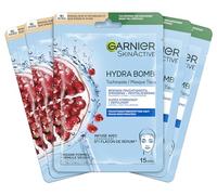 Garnier SkinActive Hydra Bomb Maschera per panno, idratante intensamente e rivitalizzante, con acido ialuronico ed estratto di melograno, 5 x 28 g
