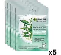 Garnier SkinActive, Maschera in tessuto super-idratante e opacizzante Hydra Bomb, Per pelli miste o grasse, Tè verde, Confezione da 5