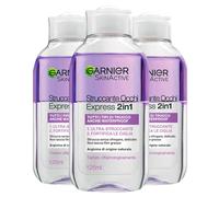 Garnier SkinActive Struccante Occhi Express 2in1 Rimuove Trucco Waterproof Fortifica le Ciglia Formula Delicata con Arginina di Origine Naturale - 3 Flaconi da 125ml