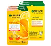Garnier SkinActive Vitamin C Maschera Contorno Occhi Illuminante Acido Ialuronico in Tessuto Biodegradabile 2 Applicazioni + Maschera Viso Monouso Idratante in Tessuto Acido Ialuronico 2 Applicazioni