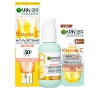 Garnier SkinActive Vitamina C Siero Viso in Crema Illuminante SPF 25 Anti-Macchie 50ml + Siero Viso Uniformante Notte 30ml + Fluido Anti-UV Quotidiano Anti-Macchie Glow SPF 50+ 40ml - Set da 3
