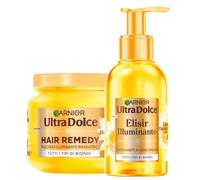 Garnier Ultra Dolce Camomilla Baciata dal Sole e Miele di Fiori Maschera Hair Remedy Illuminante Riparatrice 340ml + Elisir Illuminante Schiarente Capelli Biondi Modulabile Nutriente 120ml - Set da 2