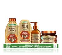 Garnier Ultra Dolce Routine Tesori di Miele, Con Shampoo da 300 ml, Balsamo da 250 ml, Maschera da 340 ml e Siero da 115 ml, Per Capelli Danneggiati, Con Miele d'Acacia