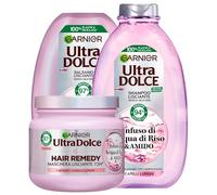 Garnier Ultra Dolce Shampoo + Balsamo + Maschera Lisciante per Capelli Lunghi con Infuso di Acqua di Riso e Amido Idratante Rimpolpante Illuminante Vegan Ingredienti di Origine Naturale - 3 Prodotti