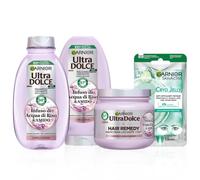 Garnier Ultra Dolce & Skinactive, Routine Completa Infuso di Acqua di Riso & Amido, Kit con Shampoo 300 ML, Balsamo 250 ML, Maschera 340 ML e Maschera Occhi Cryo Jelly, 5g