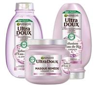 Garnier Ultra Soft - Cofanetto per capelli ribelli e indisciplinati - Lisciante morbidezza e lucentezza, con infusione di acqua di riso, per capelli ribelli e indisciplinati, shampoo, balsamo,