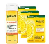 Garnier Vitamina C Trattamento Liquido Illuminante Per Il Viso Formula Vegana 120 Ml e 3X Maschera Viso In Tessuto Illuminante
