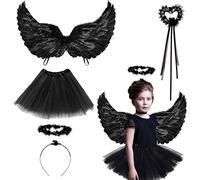 GAROMIA Costume Angelo Nero Bambina Ali d Angelo Costume Halloween con Ali ed Aureola ali d'angelo per bambini ragazze angeli e diavoli Ali di Piuma ali d'angelo decorazione cosplay