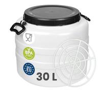 Garronda 30 L e pressa Fusto Bidone Plastica Mastello in HDPE come Contenitore e Serbatoio Acqua e Alimenti per Stoccaggio, Fermentazione e Raccolta Acqua Piovana GD-0187 Bianco