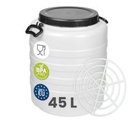 Garronda 45 L e pressa Fusto Bidone Plastica Mastello in HDPE come Contenitore e Serbatoio Acqua e Alimenti per Stoccaggio, Fermentazione e Raccolta Acqua Piovana GD-0187 Bianco