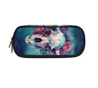 Garronmavis Astuccio per matite con teschio e fiore e testa di mucca, grande capacità, astuccio resistente per matite e matite, Testa di mucca del fiore dell'acquerello, Zaino per la scuola