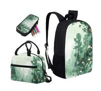 Garronmavis Set di 3 zaini da scuola con teschio di fuoco, 43,2 cm, zaino per adolescenti, pinguini, famiglia, portapranzo, motivo geometrico, astuccio per matite, Acquerello Woodlands Pittura