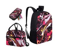 Garronmavis Set di 3 zaini da scuola con teschio di fuoco, 43,2 cm, zaino per adolescenti, pinguini, famiglia, portapranzo, motivo geometrico, astuccio per matite, Dipinti fluidi retrò graffiti