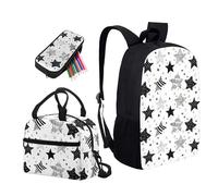 Garronmavis Set di 3 zaini da scuola con teschio di fuoco, 43,2 cm, zaino per adolescenti, pinguini, famiglia, portapranzo, motivo geometrico, astuccio per matite, Black Stars Line Disegni