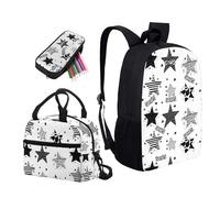 Garronmavis Set di 3 zaini da scuola con teschio di fuoco, 43,2 cm, zaino per adolescenti, pinguini, famiglia, portapranzo, motivo geometrico, astuccio per matite, Pittura Stelle Bianche e