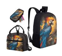 Garronmavis Set di 3 zaini da scuola con teschio di fuoco, 43,2 cm, zaino per adolescenti, pinguini, famiglia, portapranzo, motivo geometrico, astuccio per matite, Pittura artistica per pappagalli