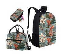 Garronmavis Set di 3 zaini da scuola con teschio di fuoco, 43,2 cm, zaino per adolescenti, pinguini, famiglia, portapranzo, motivo geometrico, astuccio per matite, Retro Wild Flowers Pittura