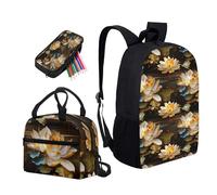 Garronmavis Set di 3 zaini da scuola con teschio di fuoco, 43,2 cm, zaino per adolescenti, pinguini, famiglia, portapranzo, motivo geometrico, astuccio per matite, Fiori di loto di cristallo Boho