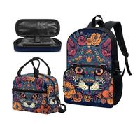 Garronmavis Set di 3 zaini Rock&Roll Skull per ragazze Boston Terrier, spazioso astuccio per il pranzo con gatto tribale, Gatto tribale fiore, Set di zaini per la scuola