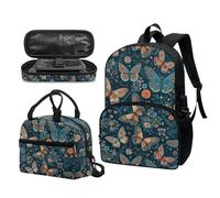 Garronmavis Set di 3 zaini Rock&Roll Skull per ragazze Boston Terrier, spazioso astuccio per il pranzo con gatto tribale, Boho Fiori Farfalla, Set di zaini per la scuola