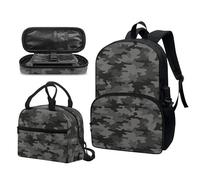 Garronmavis Set di 3 zaini Rock&Roll Skull per ragazze Boston Terrier, spazioso astuccio per il pranzo con gatto tribale, Esercito mimetico grigio, Set di zaini per la scuola