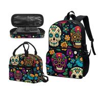 Garronmavis Set di 3 zaini Rock&Roll Skull per ragazze Boston Terrier, spazioso astuccio per il pranzo con gatto tribale, Fiore Teschio Divertente, Set di zaini per la scuola