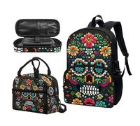 Garronmavis Set di 3 zaini Rock&Roll Skull per ragazze Boston Terrier, spazioso astuccio per il pranzo con gatto tribale, Teschio di zucchero floreale, Set di zaini per la scuola