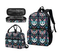 Garronmavis Set di 3 zaini Rock&Roll Skull per ragazze Boston Terrier, spazioso astuccio per il pranzo con gatto tribale, Gatti tribali Boho, Set di zaini per la scuola