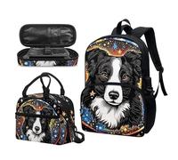 Garronmavis Spalsh - Set di 3 zaini per la scuola con pittura fluida da 43,2 cm, motivo mandala, motivo fiore di loto, Galaxy Border Collie, Set di zaini per la scuola