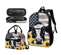 Garronmavis Van Gogh Starry Night 43,2 cm Boy Girl School Daypack, Cow American Flag Lunch Box, Marble Double Zipper Pencil Case, Girasole Bandiera Americana Mucca, Set di zaini per la scuola