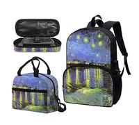 Garronmavis Van Gogh Starry Night 43,2 cm Boy Girl School Daypack, Cow American Flag Lunch Box, Marble Double Zipper Pencil Case, Notte stellata sul fiume Rodano Van Gogh, Set di zaini per la scuola
