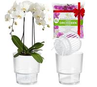 Garten lux Set da 2 vasi per orchidee verdi - Ø16 cm, vaso interno 1,9 litri con fori di drenaggio e stoppino + substrato per orchidee 5 litri per uso interno