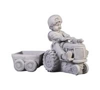 gartendekoparadies.de Ragazzo con trattore e rimorchio come vaso per piante Fioriera in pietra colata, H. 32 cm, 1 litro, 14 kg, grigio, antigelo per uso esterno