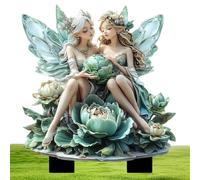 Gartenfee, picchetto da terra con in acrilico 2D, decorazioni per il giardino delle fate con una ragazza su un verde, per terrazza, prato, , paesaggistica, ponte esterno