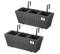GARTENFREUDE, Fioriere da balcone in polyrattan, con tre vasetti in plastica, incl. supporto per appenderle, 47 x 17 x 15 cm, colore: Grigio, 2 pz.