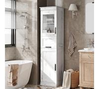 Garvee 170cm Mobiletto Stretto Alto con Ante in Vetro, Ripiani Regolabili e Cassetto - Design Sottile Autoportante per Piccoli Spazi, Bianco Retrò