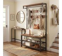 Garvee Appendiabiti da Terra con Scarpiera 3-in-1, Mobile Ingresso con Panca e Asta Appendiabiti, Attaccapanni Industriale con 8 Ganci, Struttura in Metallo, 101,5x40x182,8 cm, Marrone