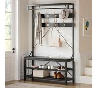 Garvee Appendiabiti da Terra con Scarpiera 3-in-1, Mobile Ingresso con Panca e Asta Appendiabiti, Attaccapanni Industriale con 8 Ganci, Struttura in Metallo, 101,5x40x182,8 cm, Nero