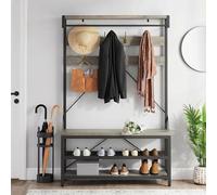 Garvee Appendiabiti da Terra con Scarpiera 3-in-1, Mobile Ingresso con Panca e Asta Appendiabiti, Attaccapanni Industriale con 8 Ganci, Struttura in Metallo, 101,5x40x182,8 cm, Marrone, Grigio