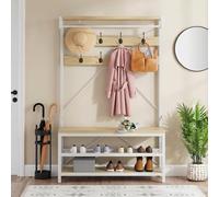 Garvee Appendiabiti da Terra con Scarpiera 3-in-1, Mobile Ingresso con Panca e Asta Appendiabiti, Attaccapanni Industriale con 8 Ganci, Struttura in Metallo, 101,5x40x182,8 cm, Bianco