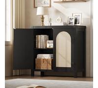 Garvee Armadietto da buffet in rattan, 80 cm, piccolo, con contenitore, da cucina, bar, con ante, stile bohémien, con ripiani regolabili e maniglia, per cucina, soggiorno, nero