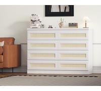 Garvee Cassettiera con 8 cassetti in rattan, comò doppio in legno stile Boho/Japandi - guide metalliche scorrevoli - per camera da letto, soggiorno, ingresso e corridoio - Bianco