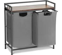 Garvee Cesto Portabiancheria Doppio Con Sacchi Removibili in Oxford, Ripiano in Legno, Struttura Robusta in Metallo, Ideale Per Bagno, Camera Da Letto e Dormitorio -Grigio