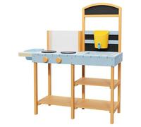Garvee Cucina di gioco da esterno in legno per bambini 3+ - Set cucina gioco 2 in 1 con lavello rimovibile e rubinetto - Lavagna, mensole e piano cottura finto, fioriera trasparente - Colore: azzurro