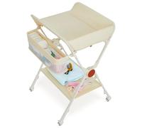 Garvee Fasciatoio pieghevole con ruote per bambini - Altezza regolabile - Ampio ripiano portaoggetti - Cintura di sicurezza - Mobile cambio ideale per neonati e bimbi piccoli - Colore bianco sporco