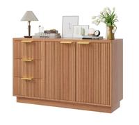 Garvee Madia credenza moderna scanalata 120 cm, mobile buffet contenitore - 2 ante e 3 cassetti - maniglie metallo dorato, finitura legno naturale (Wood color) - Two-door three-drawer cabinet