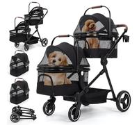 Garvee Passeggino Doppio Pieghevole Per Animali Domestici Con Trasportini Rimovibili - Struttura In Alluminio Verniciato, Ideale Per 2 Cani o Gatti, Design Compatto, Facile Da Montare, Nero